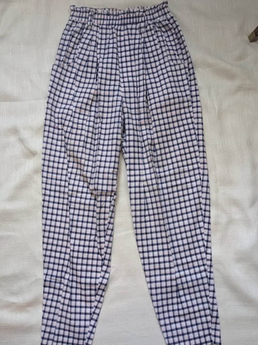 Vintage Paquette High-Waisted Tapered Cotton Pants Blue Pink Plaid Made in USA X